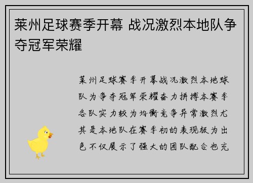 莱州足球赛季开幕 战况激烈本地队争夺冠军荣耀